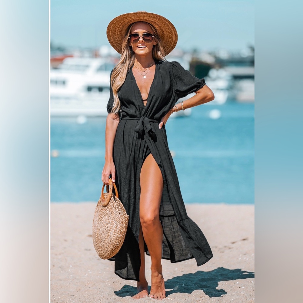 Cupshe Black Open Front Cover-Up Duster Kimono
